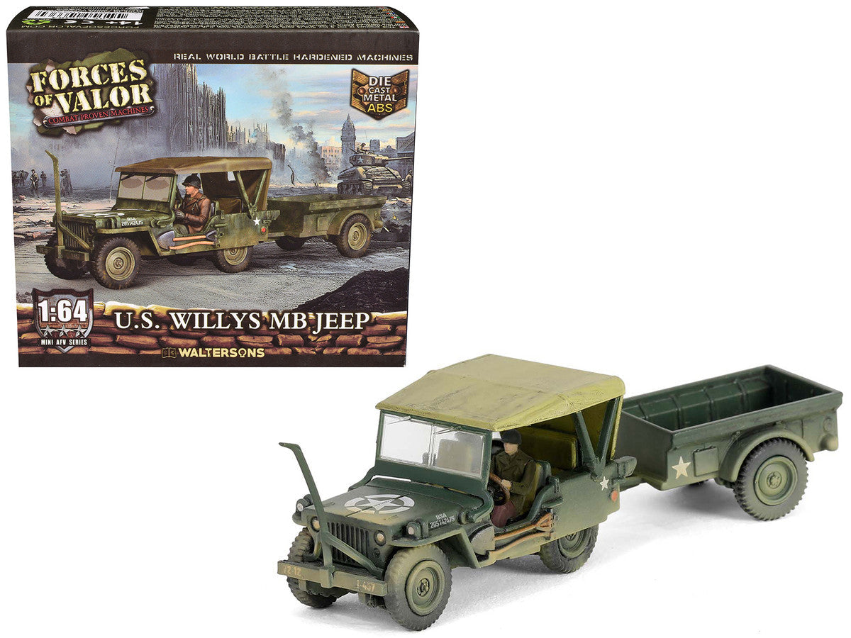 Willys MB Jeep with Trailer Olive Drab (Weathered) with Driver Figure "United States Army" "Mini AFV" Series 1/64 Diecast Model by Forces of Valor LuxuryLifeWay Online Store