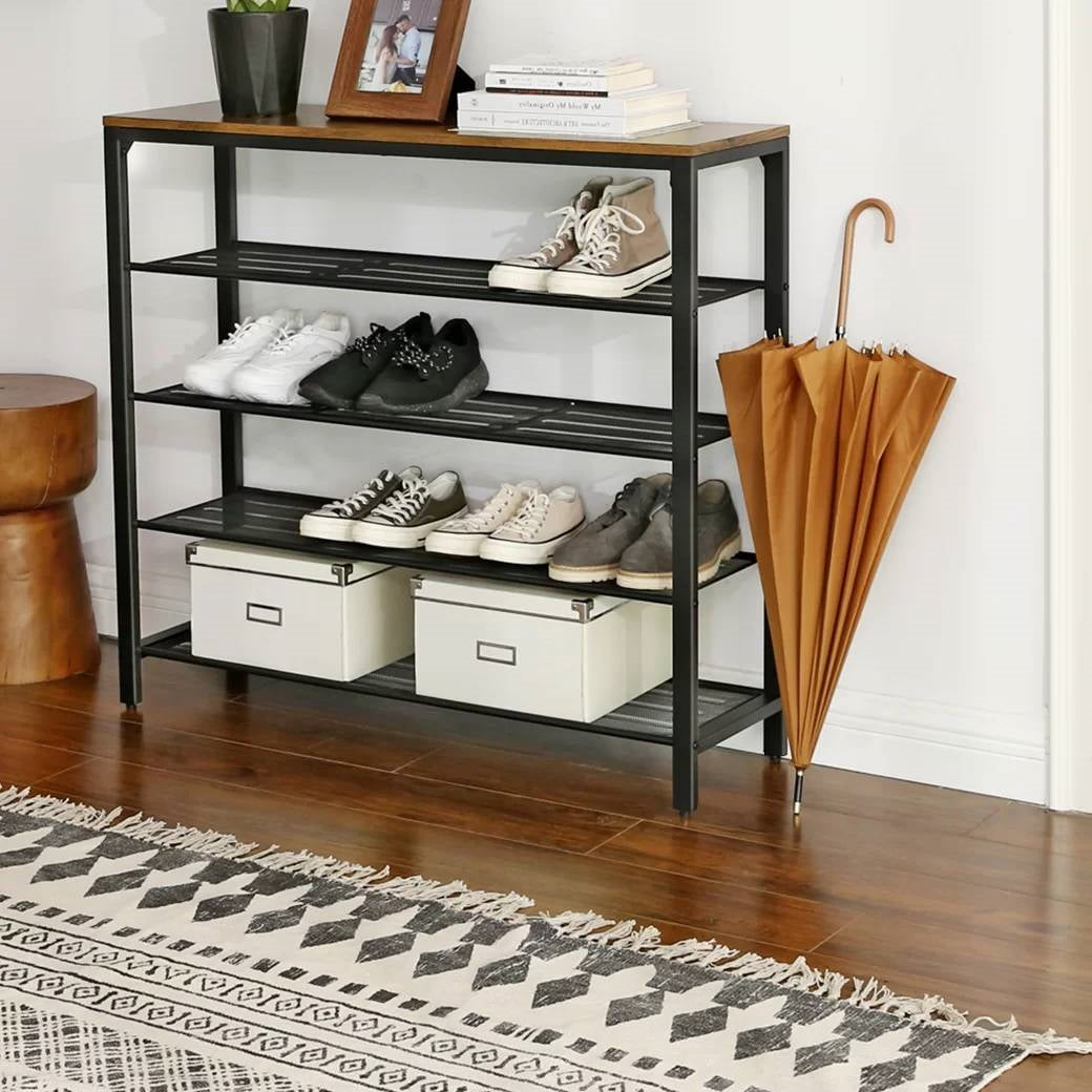 Modern Industrial Style 5-Tier Black Metal Shoe Rack with Brown Wood Top LuxuryLifeWay Online Store