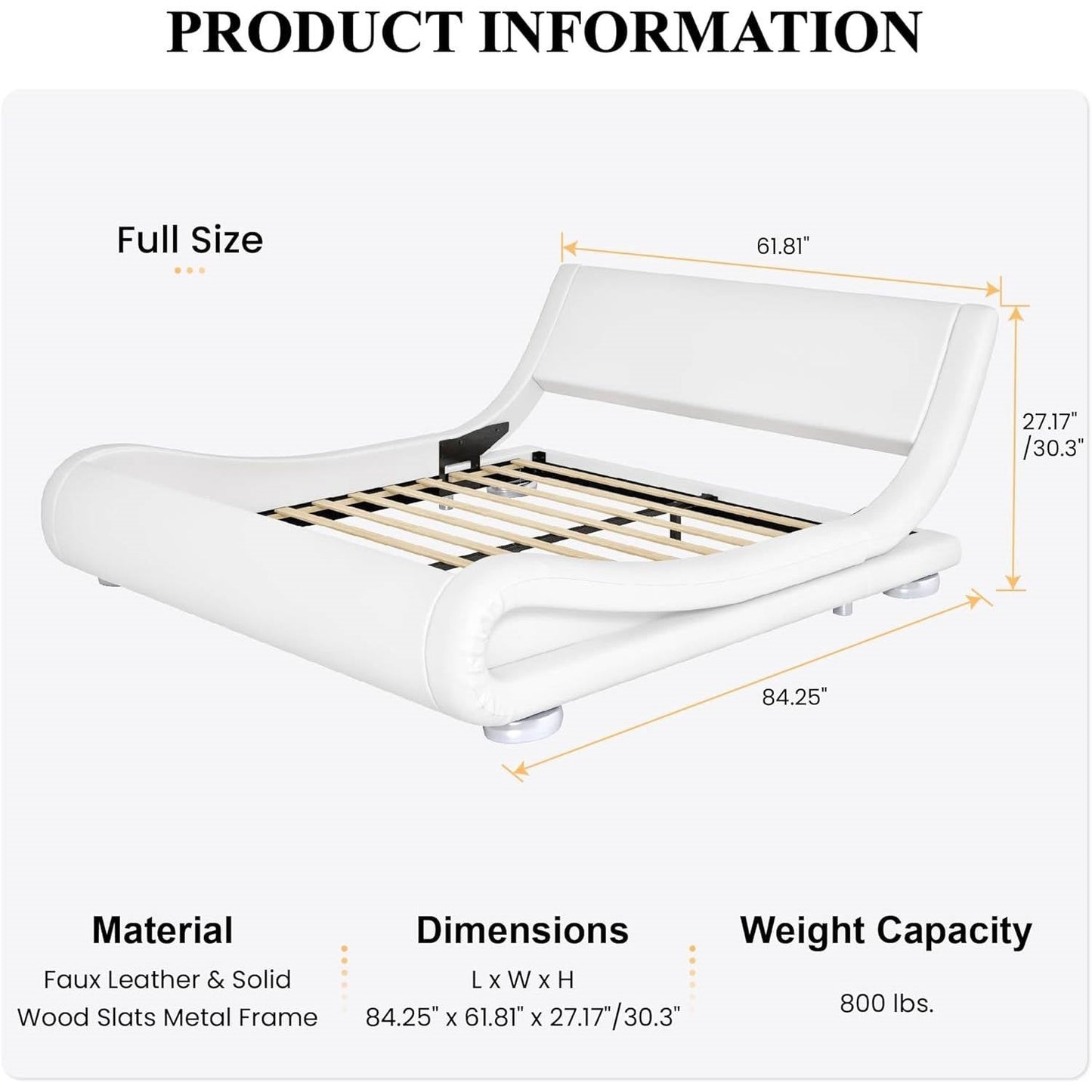 Full Modern White Upholstered Platform Bed Frame with Sleigh Curved Headboard LuxuryLifeWay Online Store