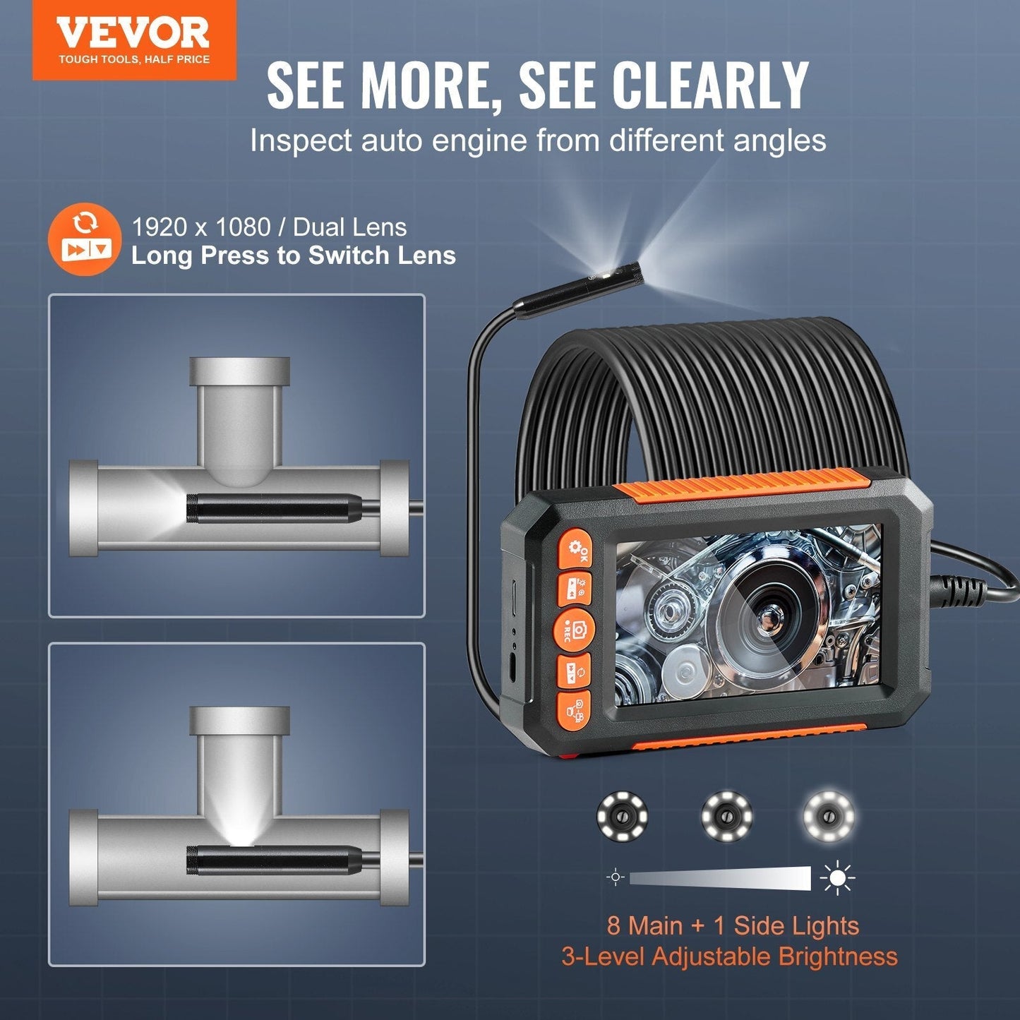 Endoscope Camera with Light, Dual Lens Borescope with 49.2FT Semi-Rigid Cable, 4.3" Screen 1080P Inspection Camera, 8 + 1 LED Lights, 4X Zoom, IP67 Waterproof Snake Camera for Auto, Plumbing LuxuryLifeWay Online Store