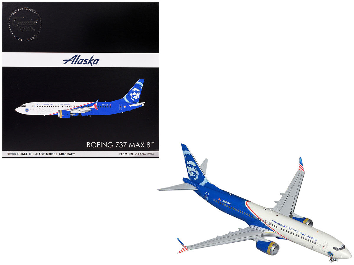Boeing 737 MAX 8 Commercial Aircraft "Alaska Airlines - Honoring Those Who Serve" (N806AK) White and Blue "Gemini 200" Series 1/200 Diecast Model Airplane by GeminiJets LuxuryLifeWay Online Store