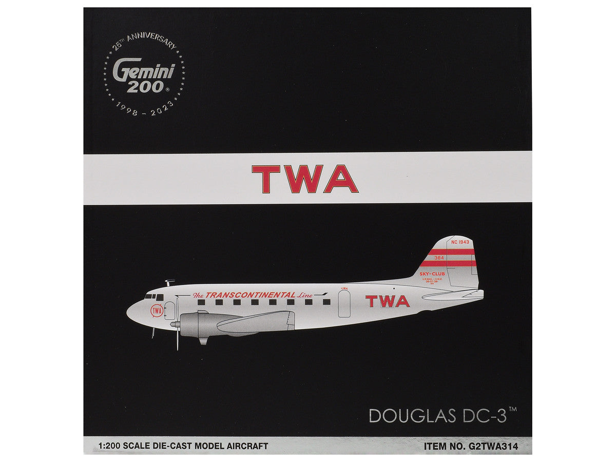 Douglas DC-3 Commercial Aircraft "TWA (Trans World Airlines)" (NC1943) Polished Metal Finish with Red Tail Stripes "Gemini 200" Series 1/200 Diecast Model Airplane by GeminiJets LuxuryLifeWay Online Store