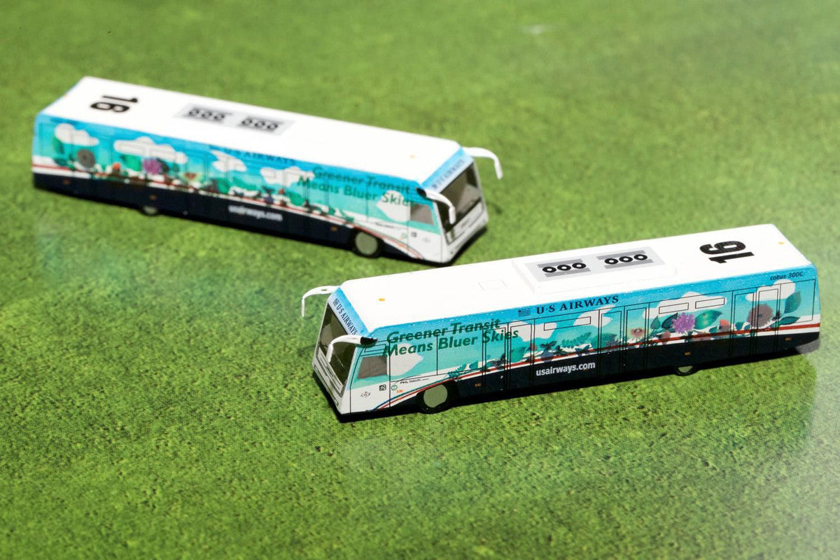 Cobus 3000 Passenger Bus White and Blue with Graphics "US Airways Shuttle Bus - Greener Transit" 2 Piece Set "Gemini 200" Series Diecast Models by GeminiJets LuxuryLifeWay Online Store