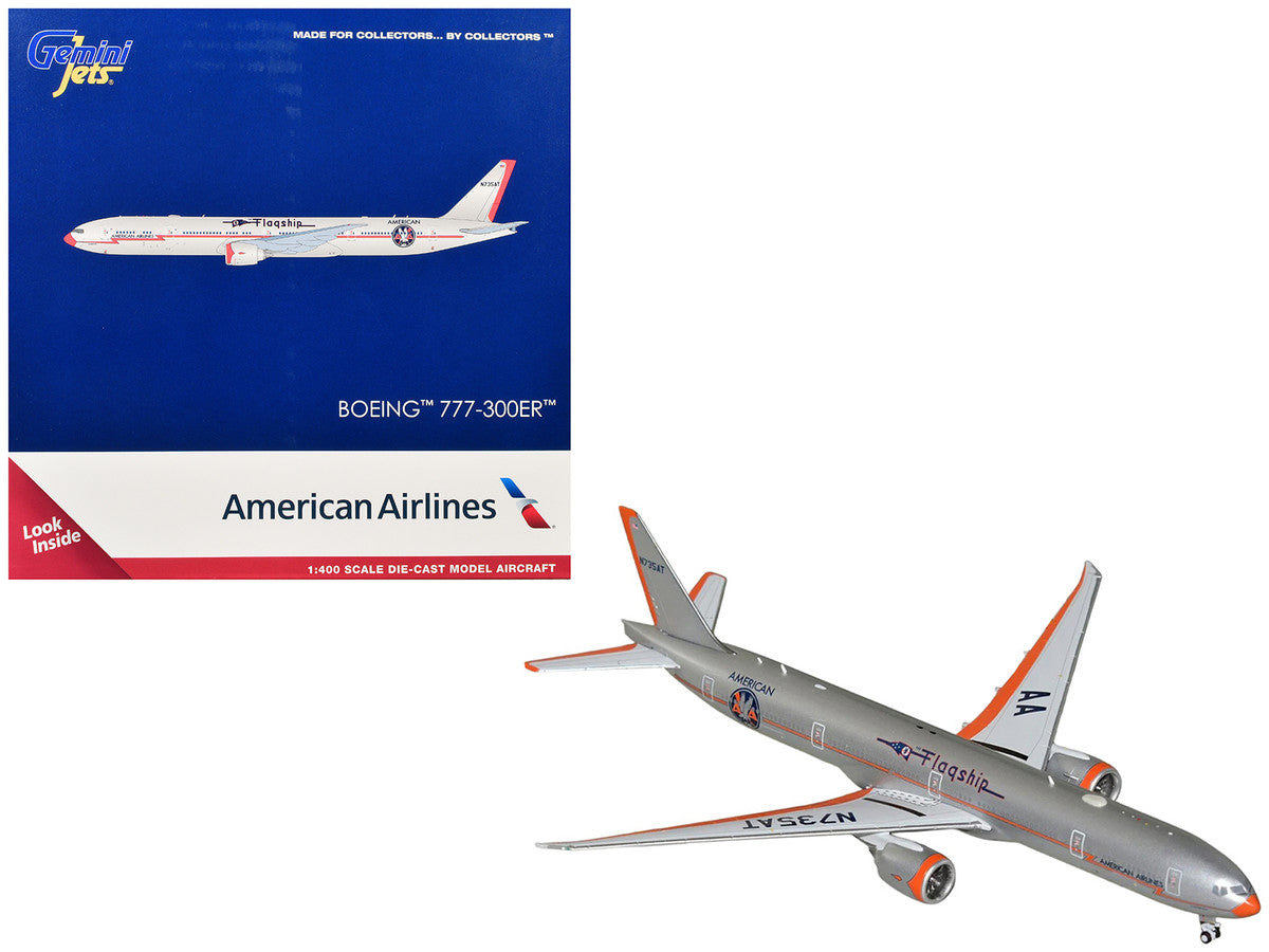 Boeing 777-300ER Commercial Aircraft "American Airlines - Flagship DFW" (N735AT) Silver with Orange Stripes 1/400 Diecast Model by GeminiJets LuxuryLifeWay Online Store