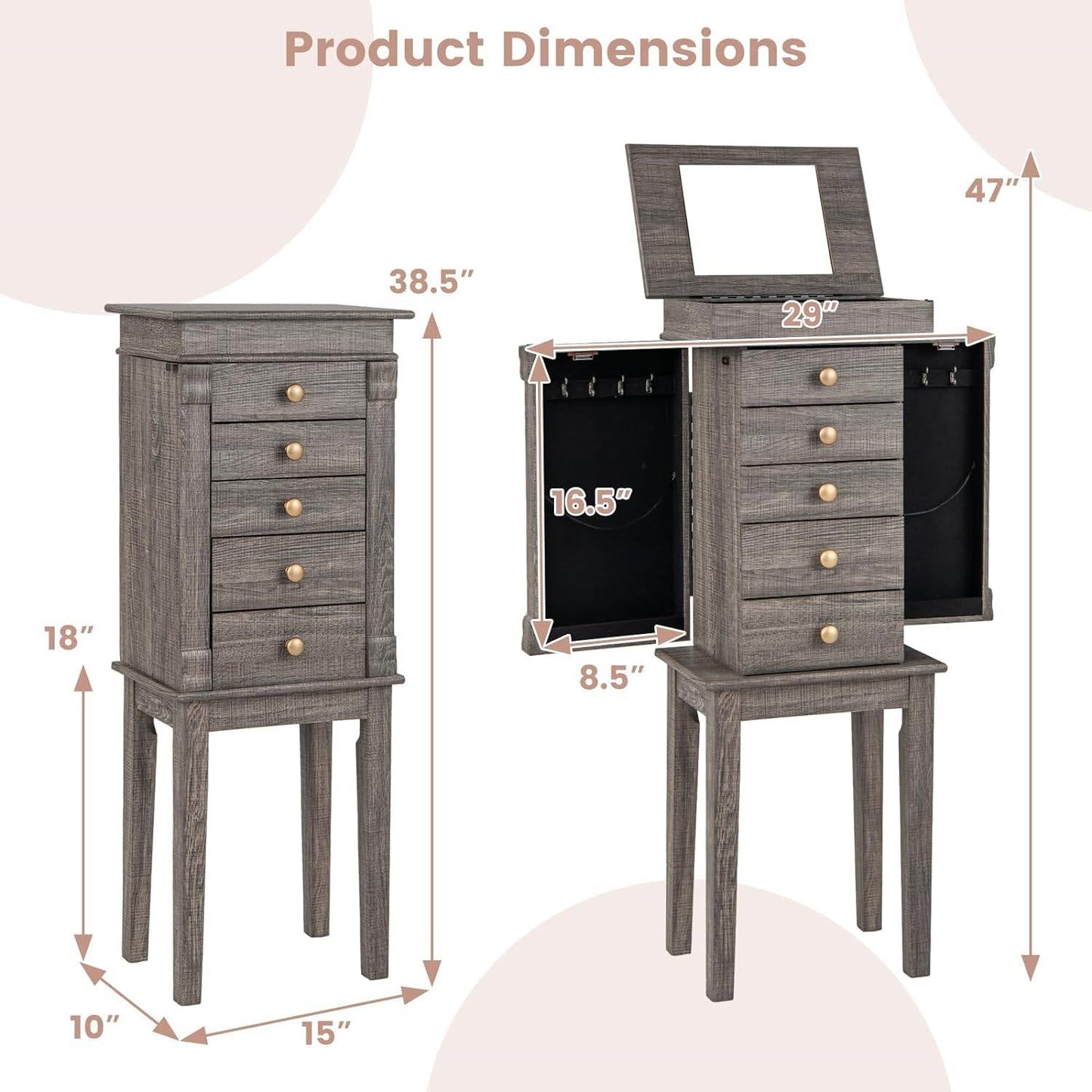 5-Drawer Jewelry Armoire Cabinet with Top Mirror in Grey Wood Finish LuxuryLifeWay Online Store