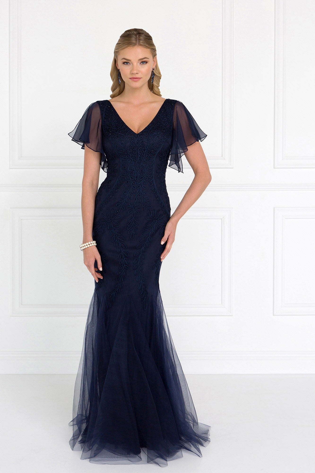 Tulle V-Neck Trumpet Long Dress with Short Sleeves LuxuryLifeWay Online Store