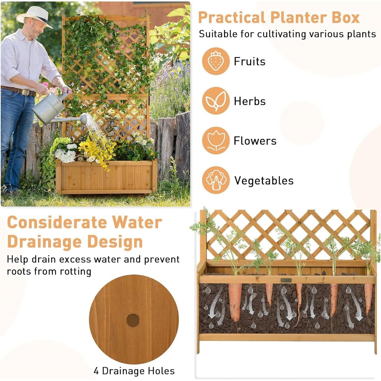 Outdoor Fir Wood Raised Garden Bed Planter Box with 71-inch High Trellis LuxuryLifeWay Online Store