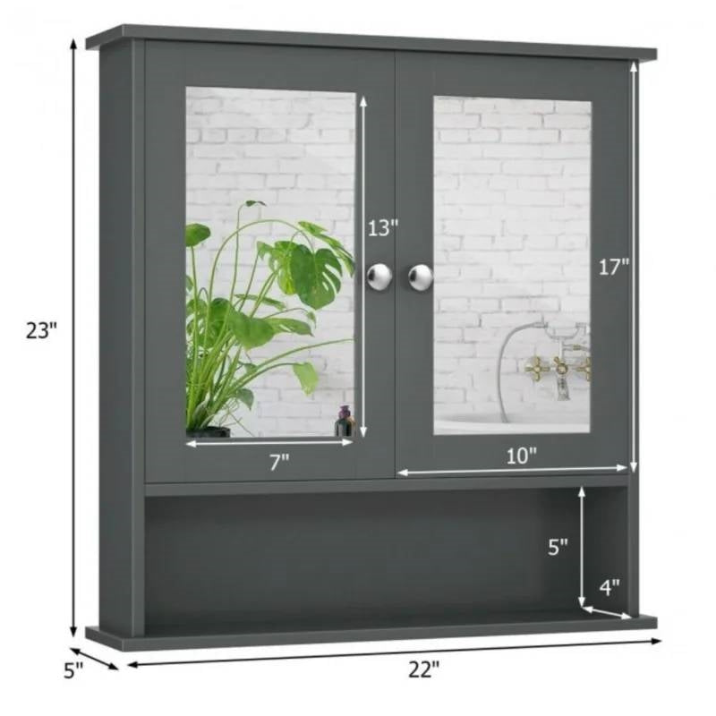 Grey Wood Bathroom Wall / Medicine Cabinet with Mirrored Doors and Shelf LuxuryLifeWay Online Store