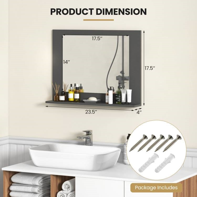 Rectangular 23 x 17 inch Bathroom Mirror with Storage Shelf in Grey Wood Finish LuxuryLifeWay Online Store