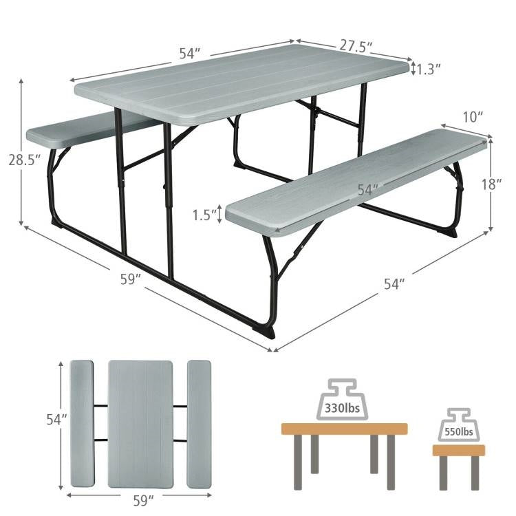 Grey Folding Picnic Table with 2 Benches Outdoor Patio Dining Set LuxuryLifeWay Online Store