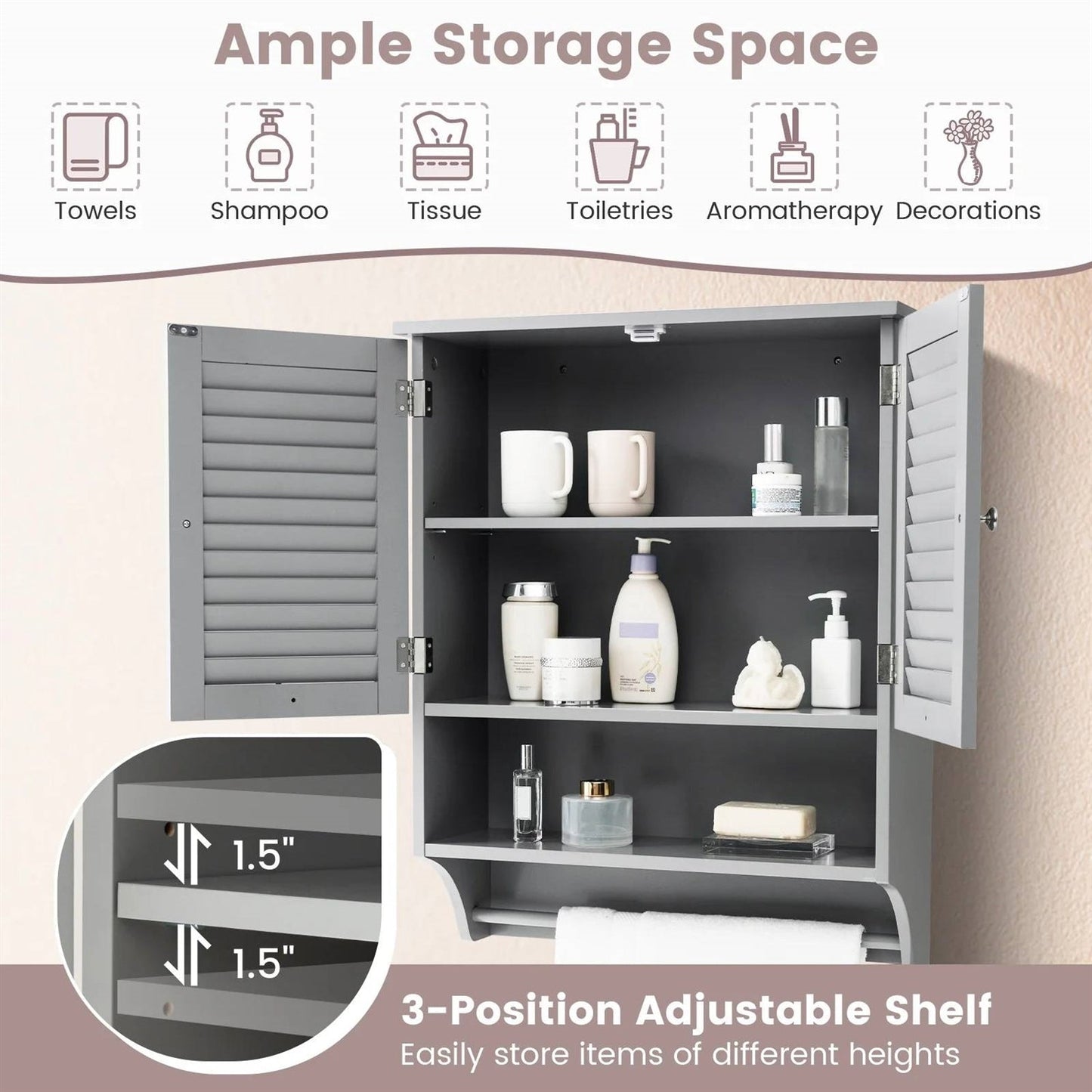 Grey Wall-Mounted Bathroom Medicine Cabinet with Louver Doors and Towel Bar LuxuryLifeWay Online Store