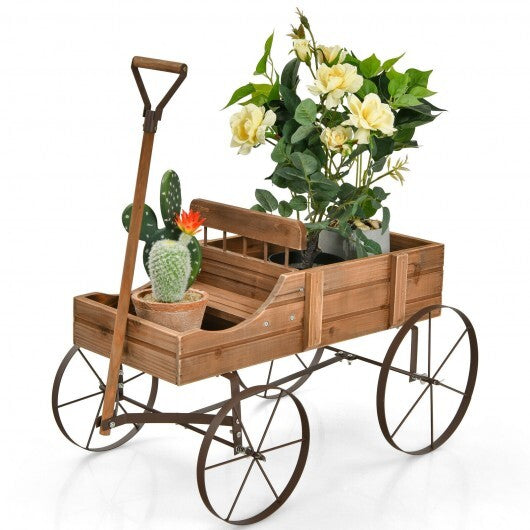 Wooden Wagon Plant Bed With Wheel for Garden Yard-Red LuxuryLifeWay Online Store