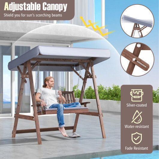 2-Person Porch Swing with Fir Wood Stand and Tilt Canopy-Brown LuxuryLifeWay Online Store