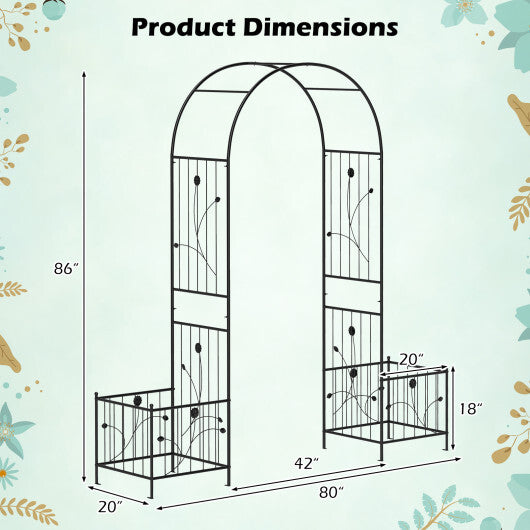 2 in 1 Garden Arbor with 2 Side Planters and 8 Ground Stakes-Black