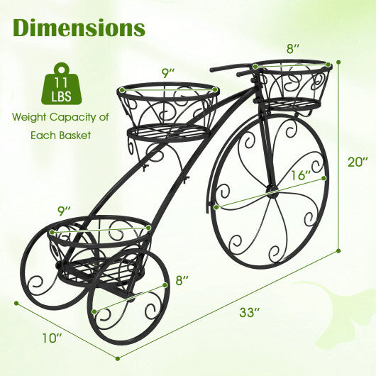 Tricycle Plant Stand Flower Pot Cart Holder with 3 Hollowed Baskets-Black LuxuryLifeWay Online Store