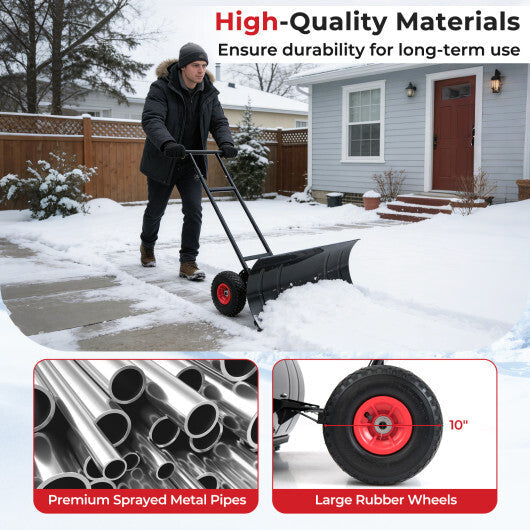 29 Inch Snow Pusher Heavy Duty Metal Shovel with Wheels and Adjustable Handle-Black LuxuryLifeWay Online Store