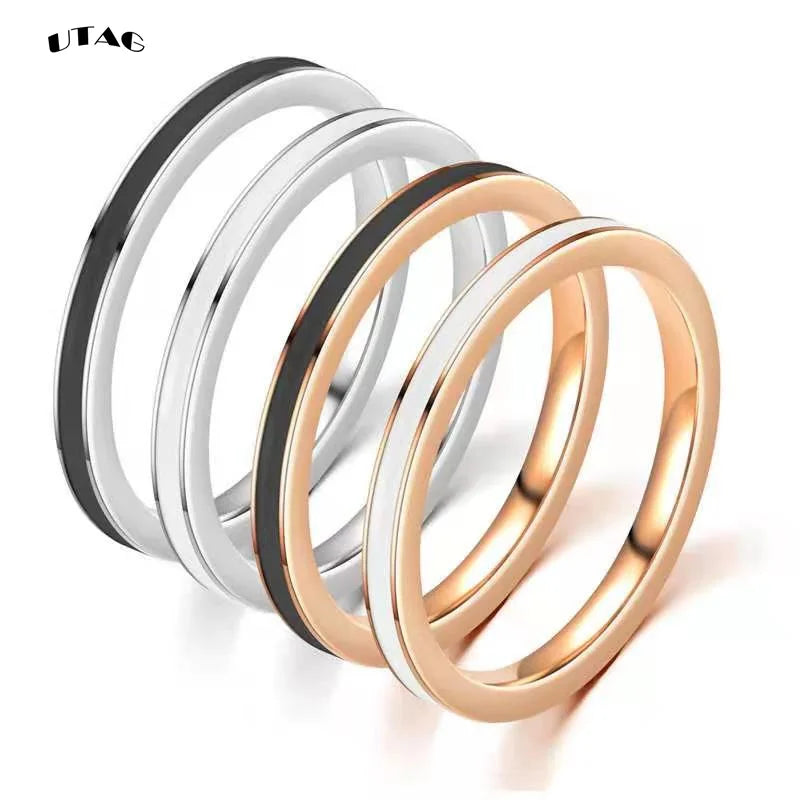 UTAG Fashion Black/White Ceramic Crystal Wedding Rings Jewelry For Women Girls Rose Gold Stainless Steel Bohemia Rin Pi-Mart