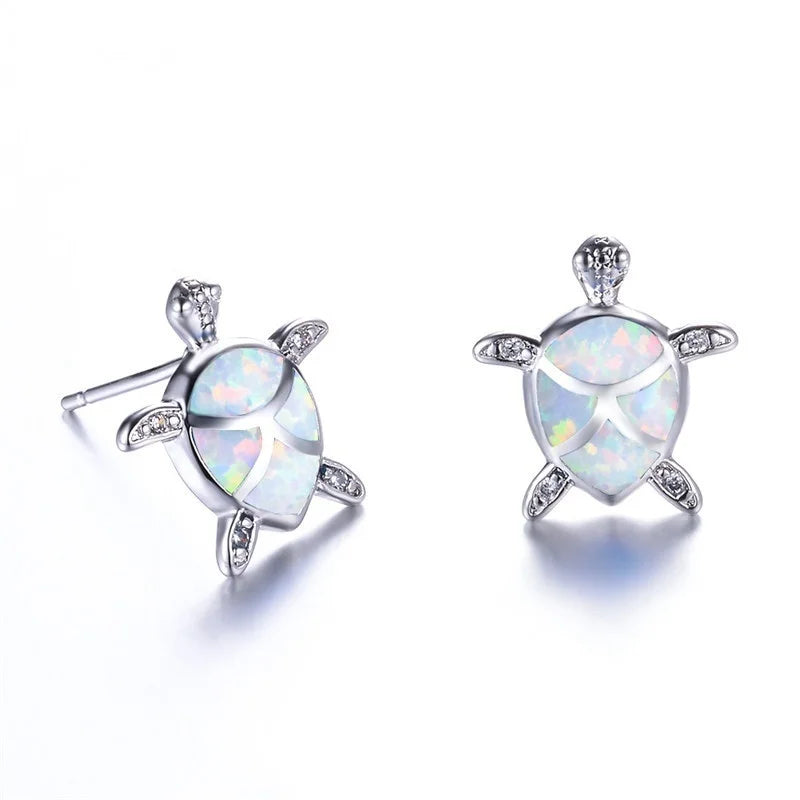 Cute Sea Turtle Stud Earring For Women Fashion Imitation Blue Fire Opal Screw Back Earrings For Women Wedding Band Jewelry Gifts Pi-Mart