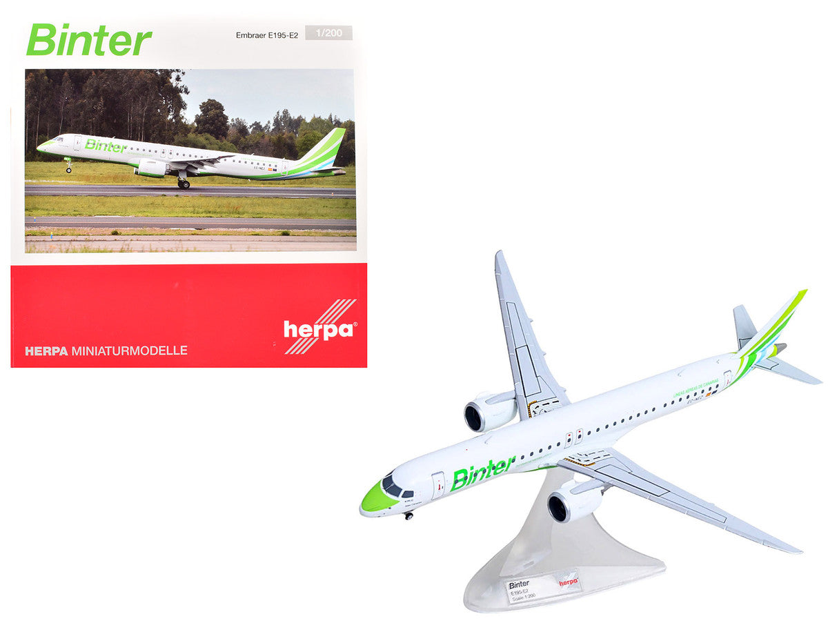 Embraer E195-E2 Commercial Aircraft "Binter Canarias" (EC-NEZ) White with Green Striped Tail 1/200 Diecast Model by Herpa LuxuryLifeWay Online Store