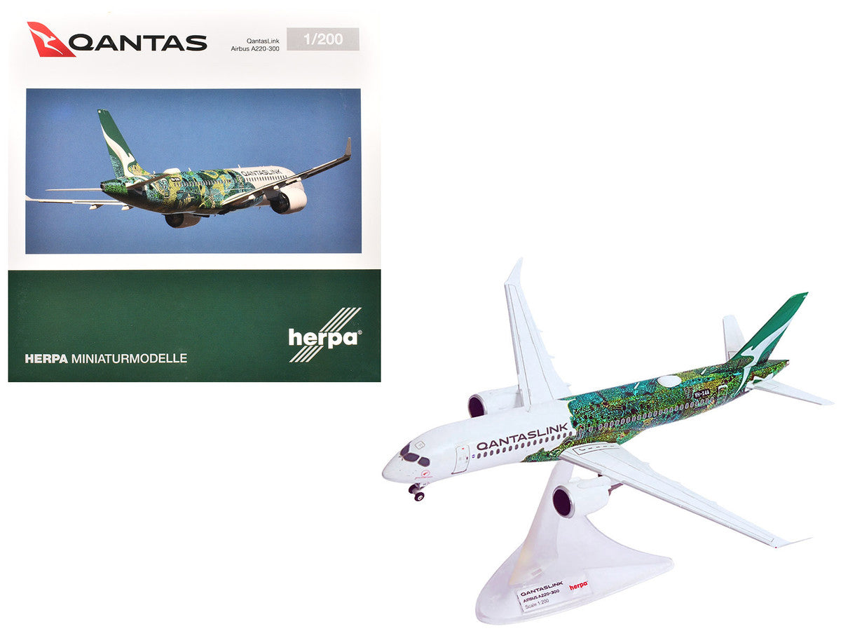 Airbus A220-300 Commercial Aircraft "QantasLink Flying Art Series - Minyma Kutjara Tjukurpa" (VH-X4A) White with Green Graphics 1/200 Diecast Model by Herpa LuxuryLifeWay Online Store