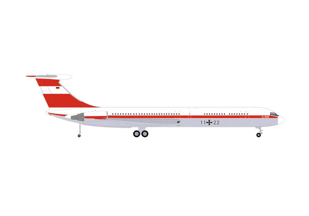 Ilyushin IL-62M Commercial Aircraft "German Luftwaffe" (11+22) White with Red Stripes 1/200 Diecast Model Airplane by Herpa LuxuryLifeWay Online Store