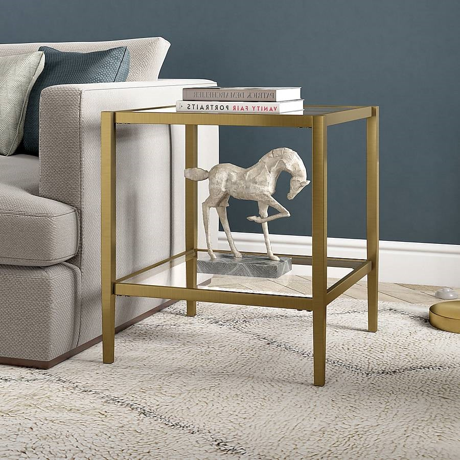 Square Side Table Gold Antique Brass Metal Glass Top Bottom Shelf Sofa Table LuxuryLifeWay Online Store