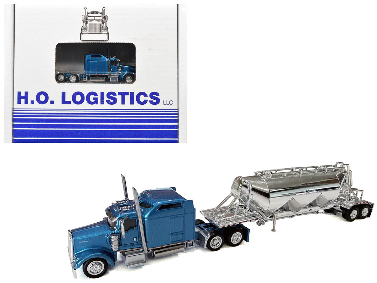 Kenworth W900L Truck Tractor with Sleeper Cab Blue Metallic and Pneumatic Tank Trailer Combo Set 1/87(HO) Plastic Model Car by HO Logistics LuxuryLifeWay Online Store