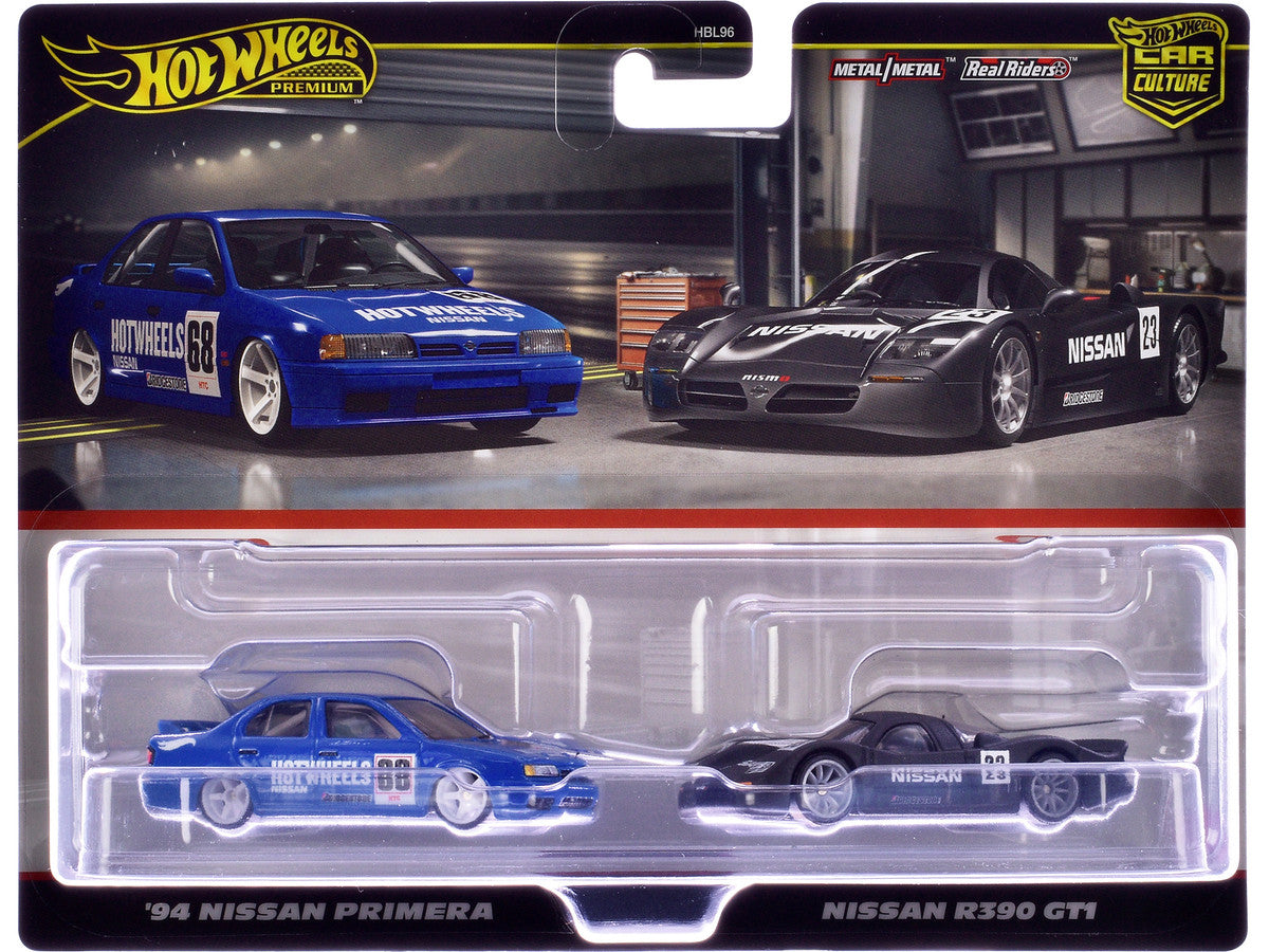 1994 Nissan Primera RHD (Right Hand Drive) #68 Blue and Nissan R390 GT1 #23 Matt Black "Car Culture" Set of 2 Cars Diecast Model Cars by Hot Wheels LuxuryLifeWay Online Store