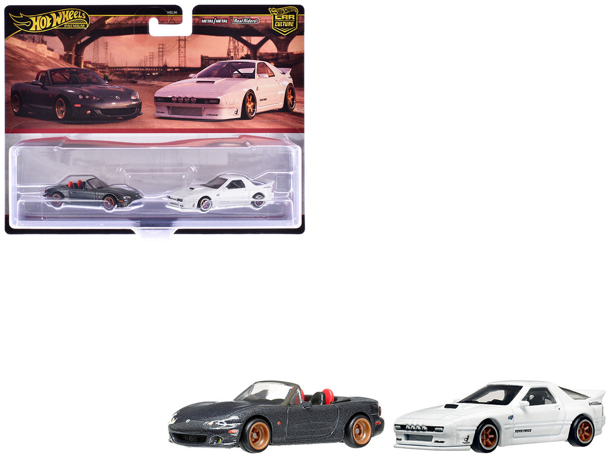 Mazda Mazdaspeed Miata Gray Metallic and Mazda RX7 FC Pandem White "Car Culture" Set of 2 Cars Diecast Model Cars by Hot Wheels LuxuryLifeWay Online Store