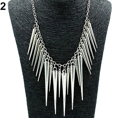 Women's Multilayer Spike Rivet Tassels Chain Bib Statement Necklace Punk Pi-Mart