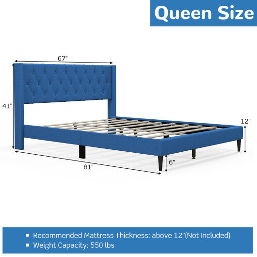 Queen Size Upholstered Platform Bed with Button Tufted Wingback Headboard-Blue LuxuryLifeWay Online Store
