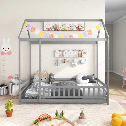 Twin Size Kids House Bed Wooden Floor Bed with Roof and Full-length Safety Guardrail-White LuxuryLifeWay Online Store