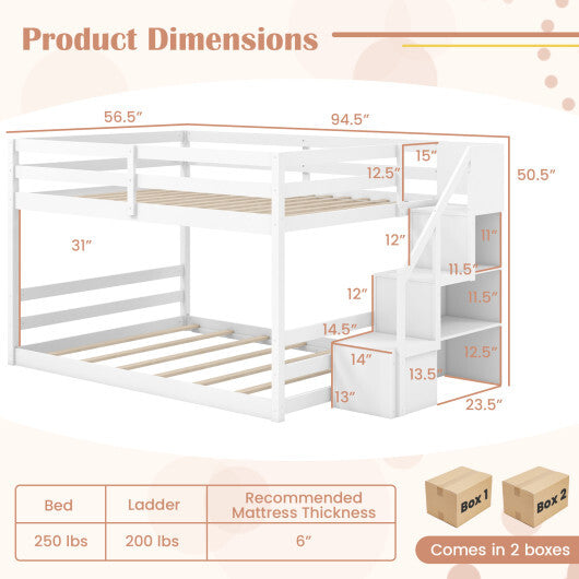 Solid Wood Full Over Full Low Bunk Bed with Storage Stairs-White LuxuryLifeWay Online Store