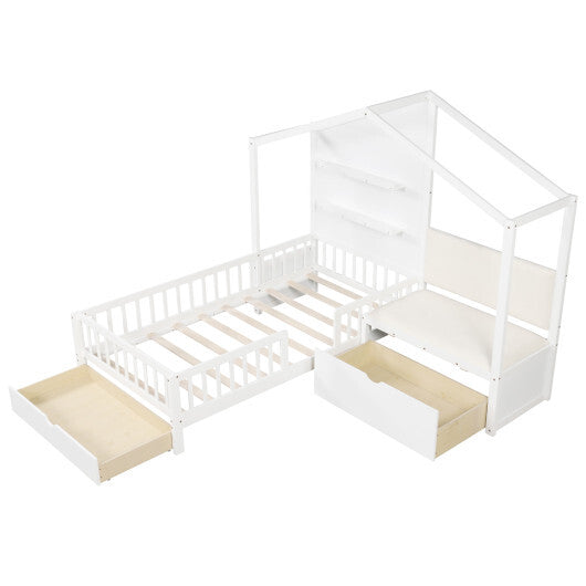 Twin Size House Bed Kids Platform Bed with Padded Bench-White LuxuryLifeWay Online Store