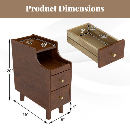Solid Wood End Table Narrow Bedside Table with Pull-out Tray and 2 Storage Drawers-Brown LuxuryLifeWay Online Store