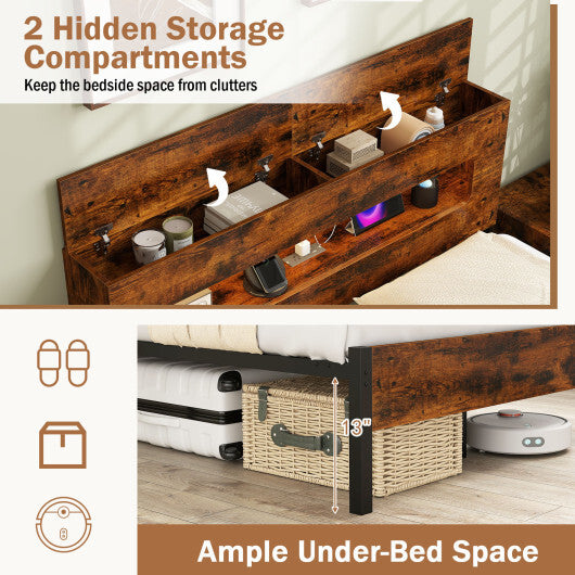 Slatted Full Bed Frame with LED Lights and Storage Headboard No Box Spring Needed-Full Size LuxuryLifeWay Online Store