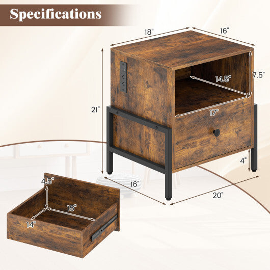 Nightstand with Charging Station and Drawer Sofa Side Table-Rustic Brown LuxuryLifeWay Online Store