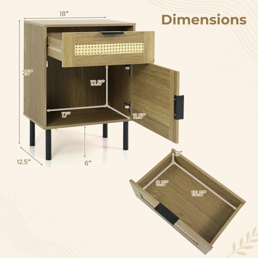 Rattan Nightstand with Drawer and Storage Cabinet for Bedroom Dorm-Natrual LuxuryLifeWay Online Store