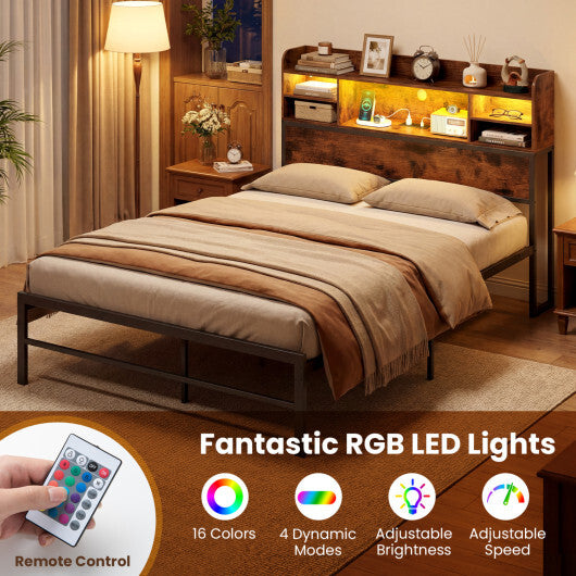 Full Size Bed Frame with Headboard LED Lights and Charging Station-Rustic Brown LuxuryLifeWay Online Store