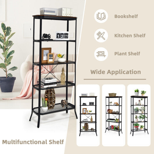 Industrial 5-Layer Bookshelf with Out-Stretched Legs-Rustic Brown LuxuryLifeWay Online Store
