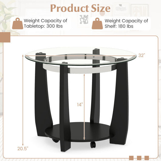 32" 2-Tier Glass Round Coffee Table with Storage Shelf-Walnut LuxuryLifeWay Online Store