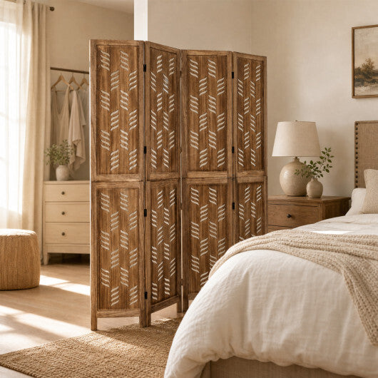 5.5 FT Tall Room Divider 4 Panels with Wave Cutout & Paulownia Frame for Room-Brown LuxuryLifeWay Online Store