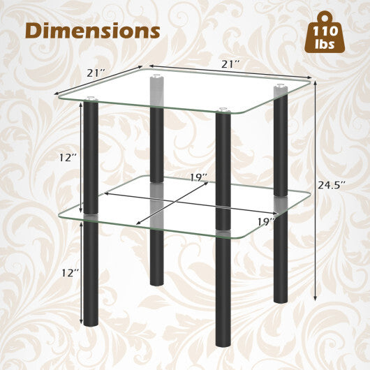 2-Tier Square End Table with Shelf and Clear Tempered Glass Top-Brown LuxuryLifeWay Online Store