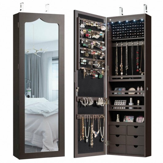 5 LEDs Lockable Mirror Jewelry Cabinet Armoire with 6 Drawers-Brown LuxuryLifeWay Online Store