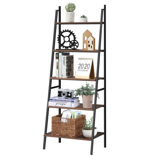 5 Tier Leaning Bookshelf Wood Metal Bookcase LuxuryLifeWay Online Store