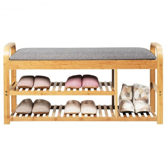 3-Tier Bamboo Shoe Rack Bench with Cushion-Natural LuxuryLifeWay Online Store