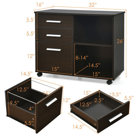 3-Drawer Mobile Lateral File Cabinet Printer Stand-Black