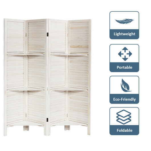 4 Panel Folding Room Divider Screen with 3 Display Shelves-Brown