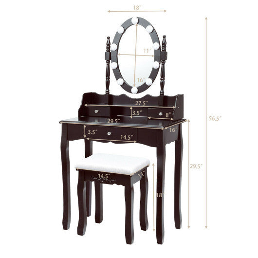 Oval Mirror Vanity Set with 10 LED Dimmable Bulbs and 3 Drawers-Brown LuxuryLifeWay Online Store