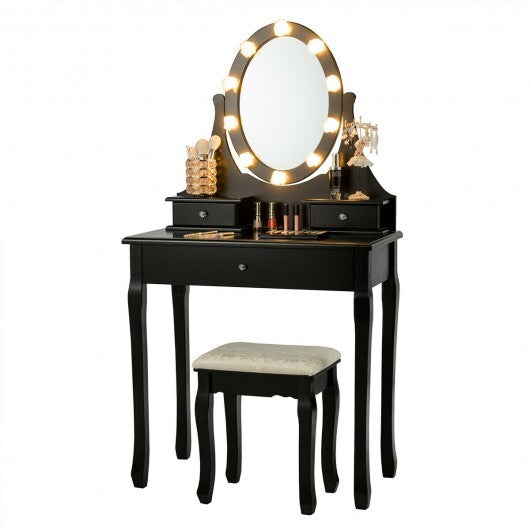 3 Drawers Lighted Mirror Vanity Dressing Table Stool Set-Black LuxuryLifeWay Online Store